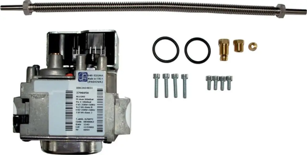 Gasventil von Wolf mit Montagezubehör. Enthält O-Ringe, Verbindungsteile und Schrauben. Eignet sich für Gasinstallationen.